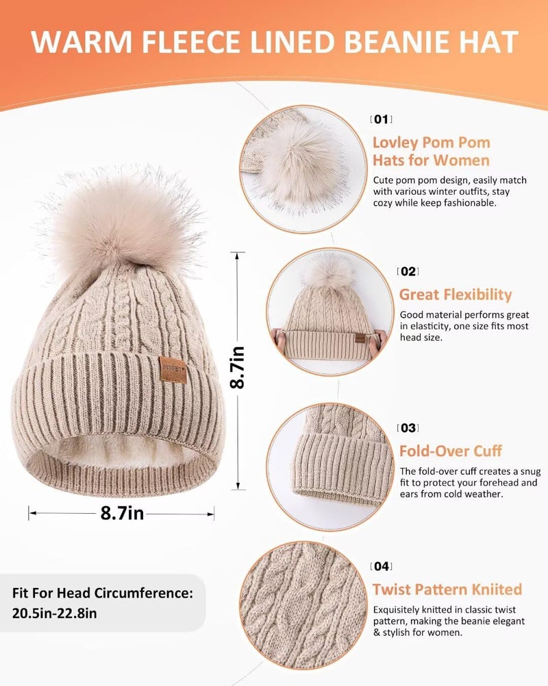 FISFET Winter Beanie Hat Scarf Gloves Set for Women, Pom Pom Beanie Fleece Lined Knit Neck Warmer Touchscreen Gloves 3 in 1 Gift Set - Image 2